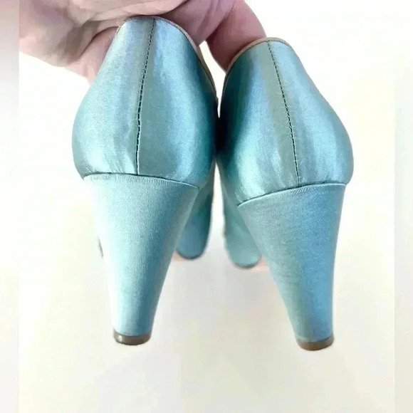 Miss Albright Bijou Teal Blue Satin & Beaded Sequin Rhinestone Cap Toe Heels - Picture 5 of 16